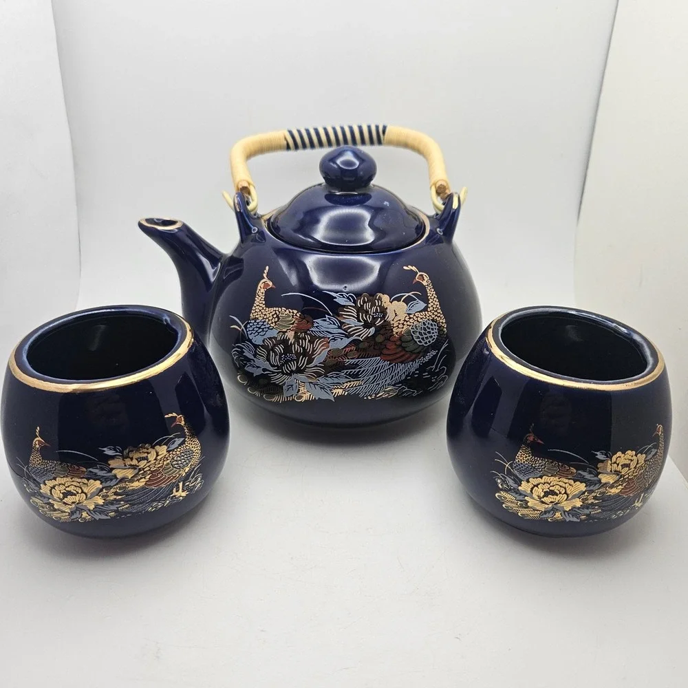 Vintage Cobalt Blue Peacock Tea Set Teapot & 2 Cups Gold Floral